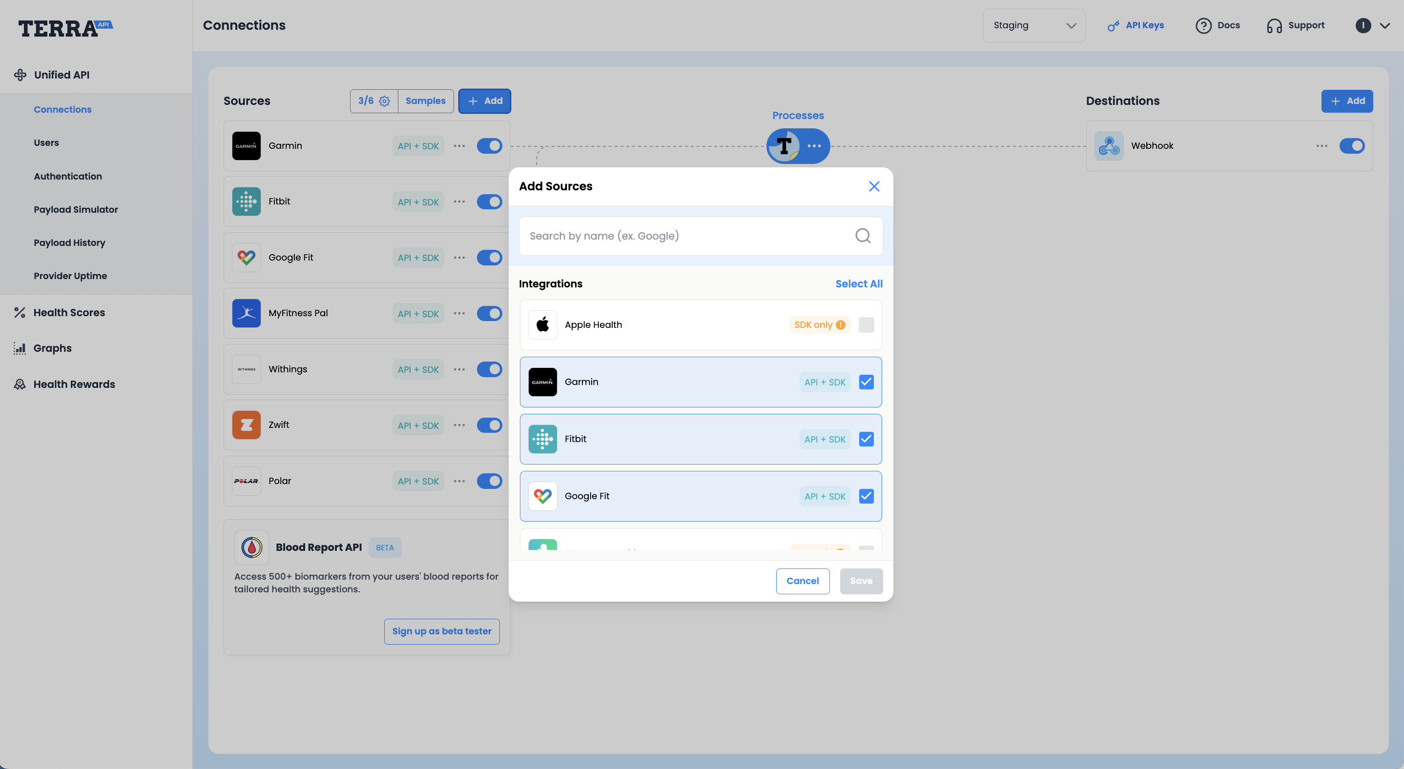 The Sources page of the Terra dashboard